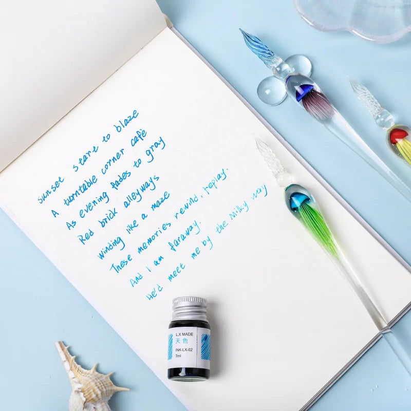 Jellyfish Dip Pen Three-Piece Glass Pen Set Sign Pen Crystal Student Glass Pen Stationery Gift Pen Oasis Select