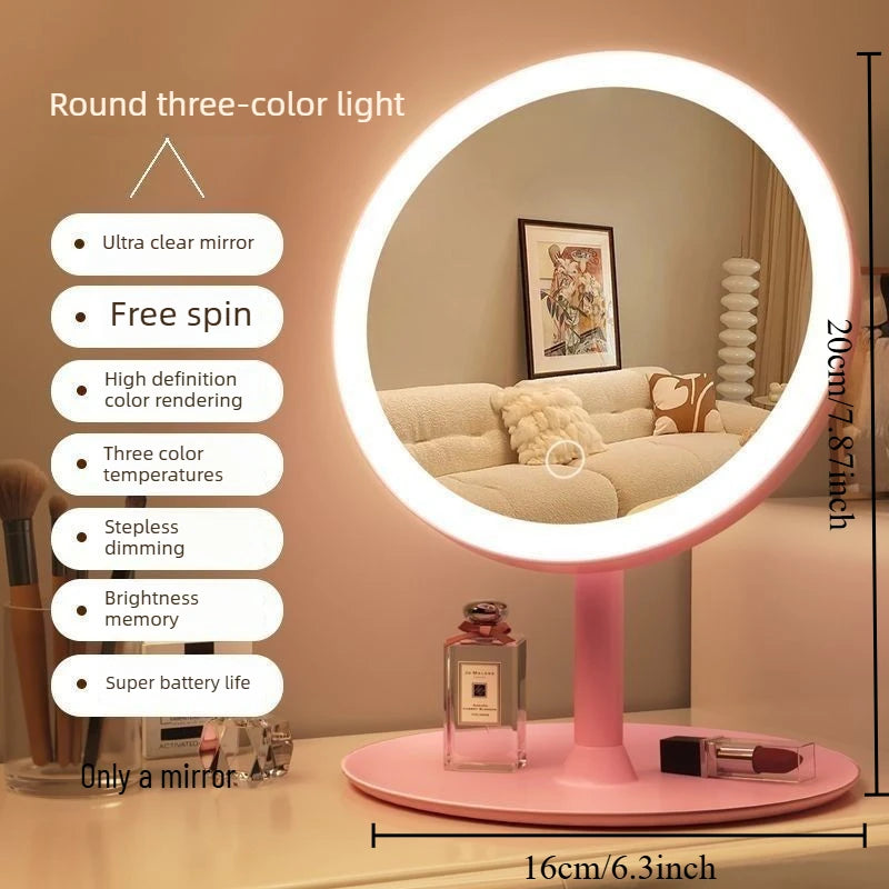 Dimmable LED Makeup Mirror with Stand Touch Control Vanity Mirror with Storage Tray for Bedroom & Bathroom Beauty Tools Oasis Select Round pink tricolor