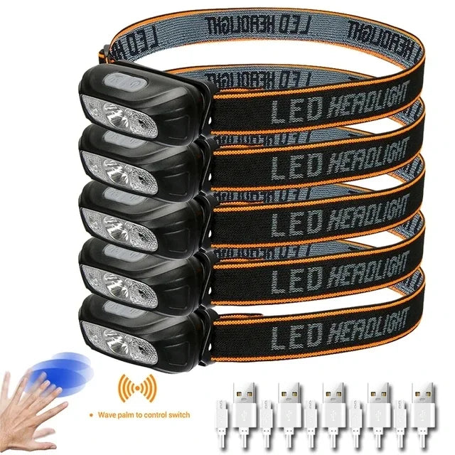 Mini Rechargeable Sensor Headlamp Waterproof Work Light Built-in Battery USB Rechargeable Head Flashlight Camping Search Light Oasis Select Packing B 5PCS