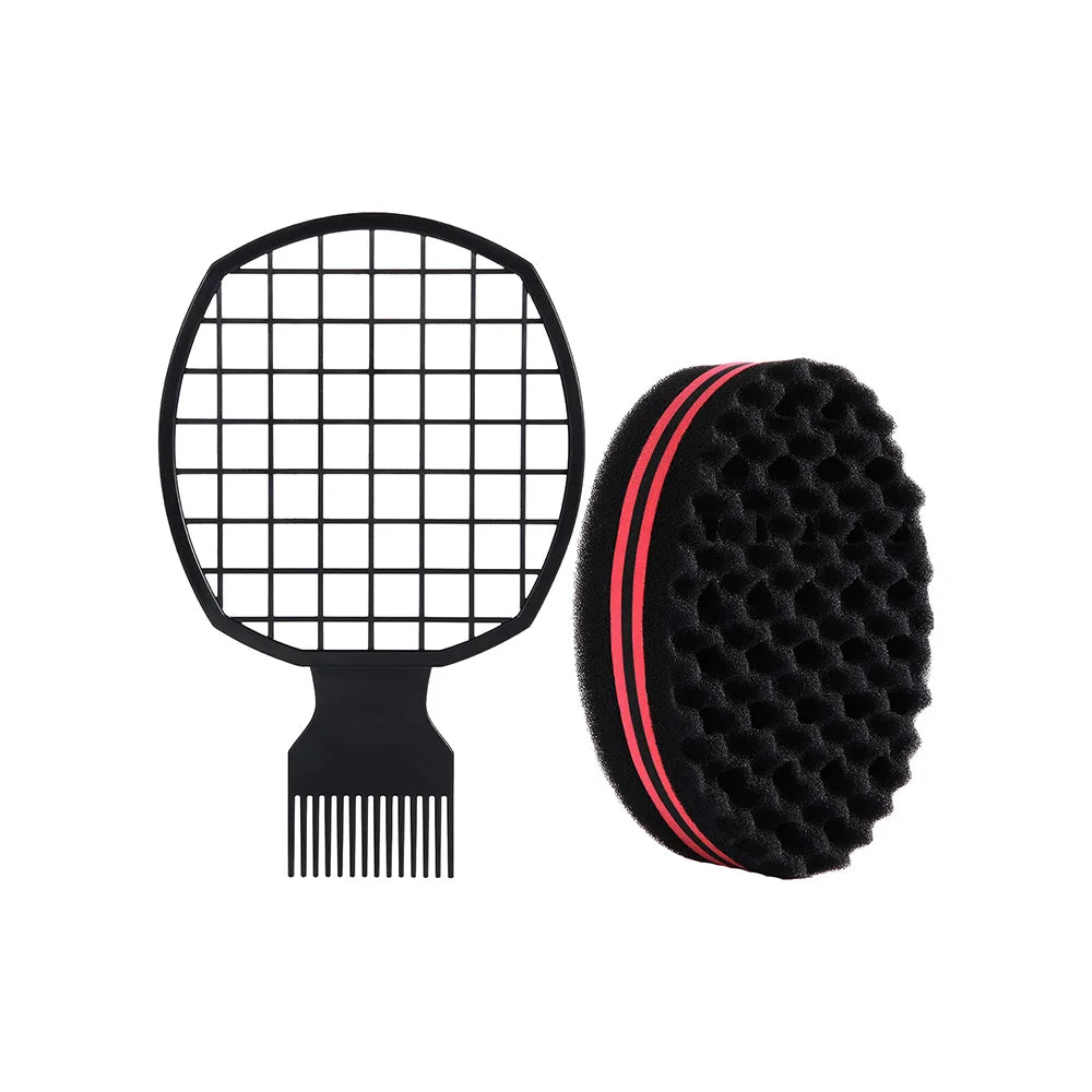 Barbershop Wave Shaped Hair Brush Afro Hair Styles Carbon Fiber Pick Comb Hair Comb Set Hair Sponge Wave Hairstyle Care Tool Oasis Select 2PCS