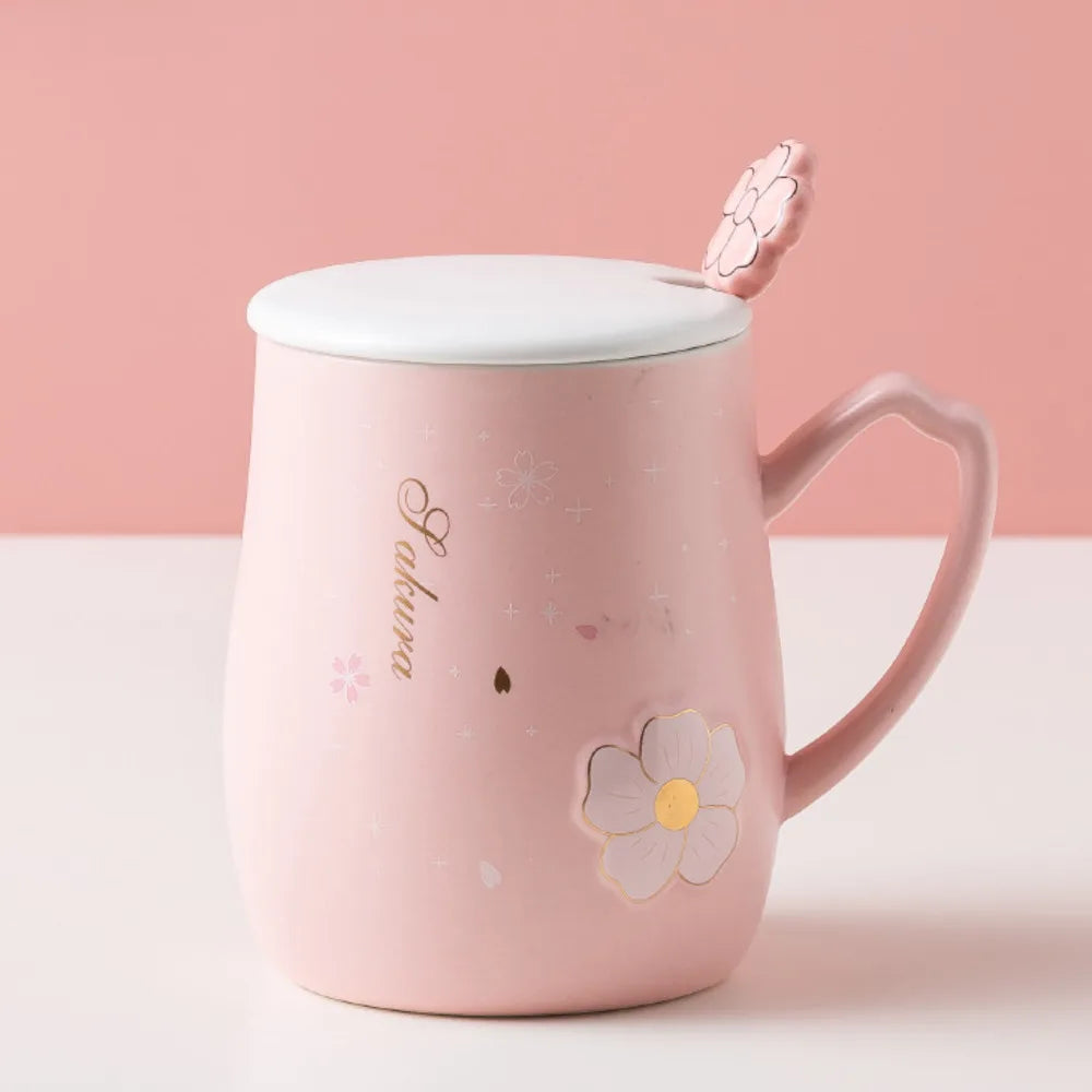 Relief Cherry Blossom Ceramic Mug With Lid Spoon Heat-resistant Mugs Milk Coffee Cup Couple Tea Juice Cups Drinkware Oasis Select 3
