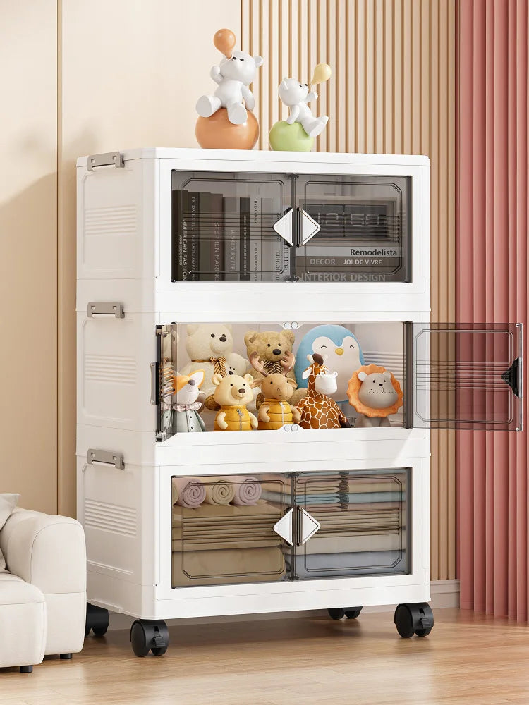 45cm Foldable Width Plastic Storage Box with Wheels Multi-Layer Clothing Cabinet Organizer for Books Kitchen Oasis Select