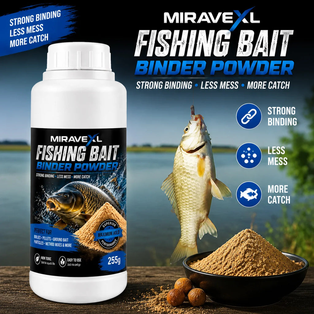 MIRAVEXL Fishing Bait Binder Powder255g Strong Binding Less Mess Maximum Catch Perfect for Boilies Pellets Ground Bait Particles Oasis Select