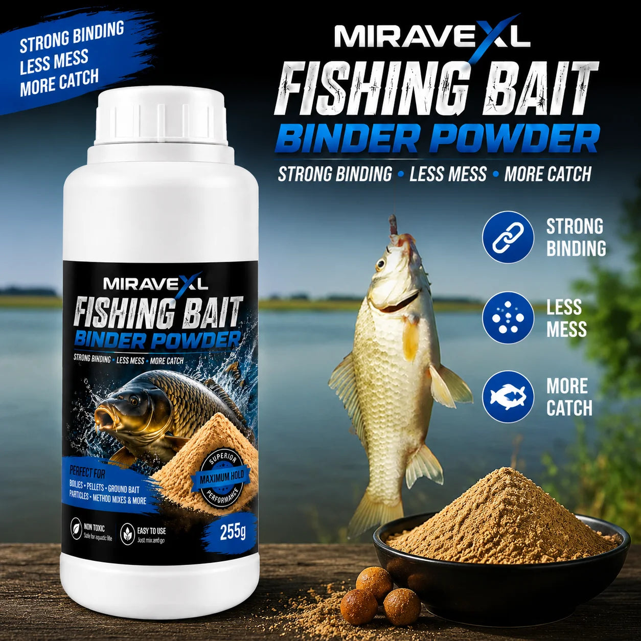 MIRAVEXL Fishing Bait Binder Powder255g Strong Binding Less Mess Maximum Catch Perfect for Boilies Pellets Ground Bait Particles Oasis Select