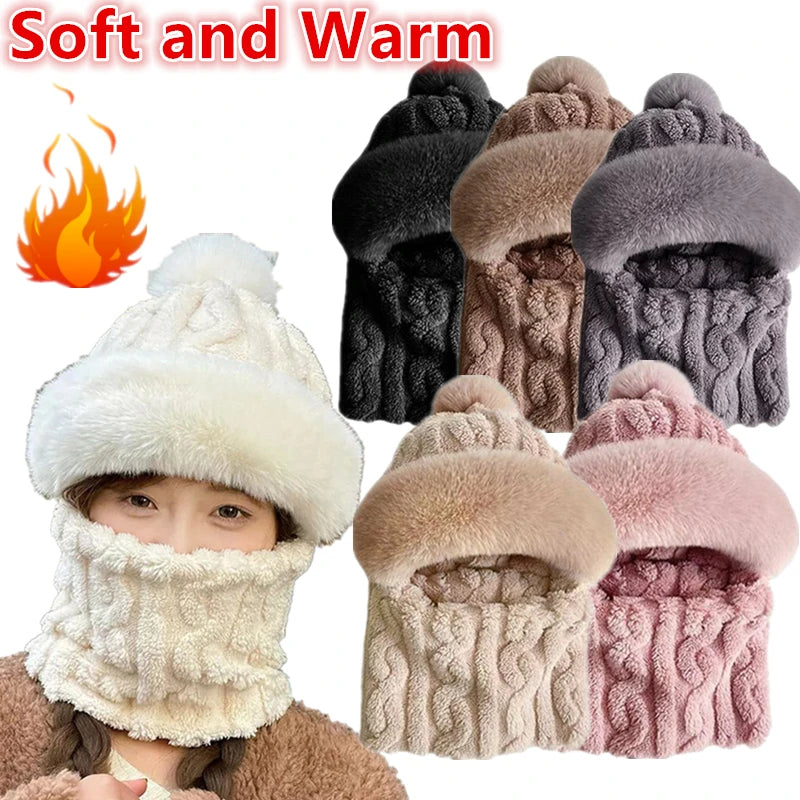 Winter Scarf Set Hooded Hat Set Women Plush Neck Warm Russia Outdoor Skiing Caps Windproof Plush Hat Thick Plush Fluffy Beanies Oasis Select