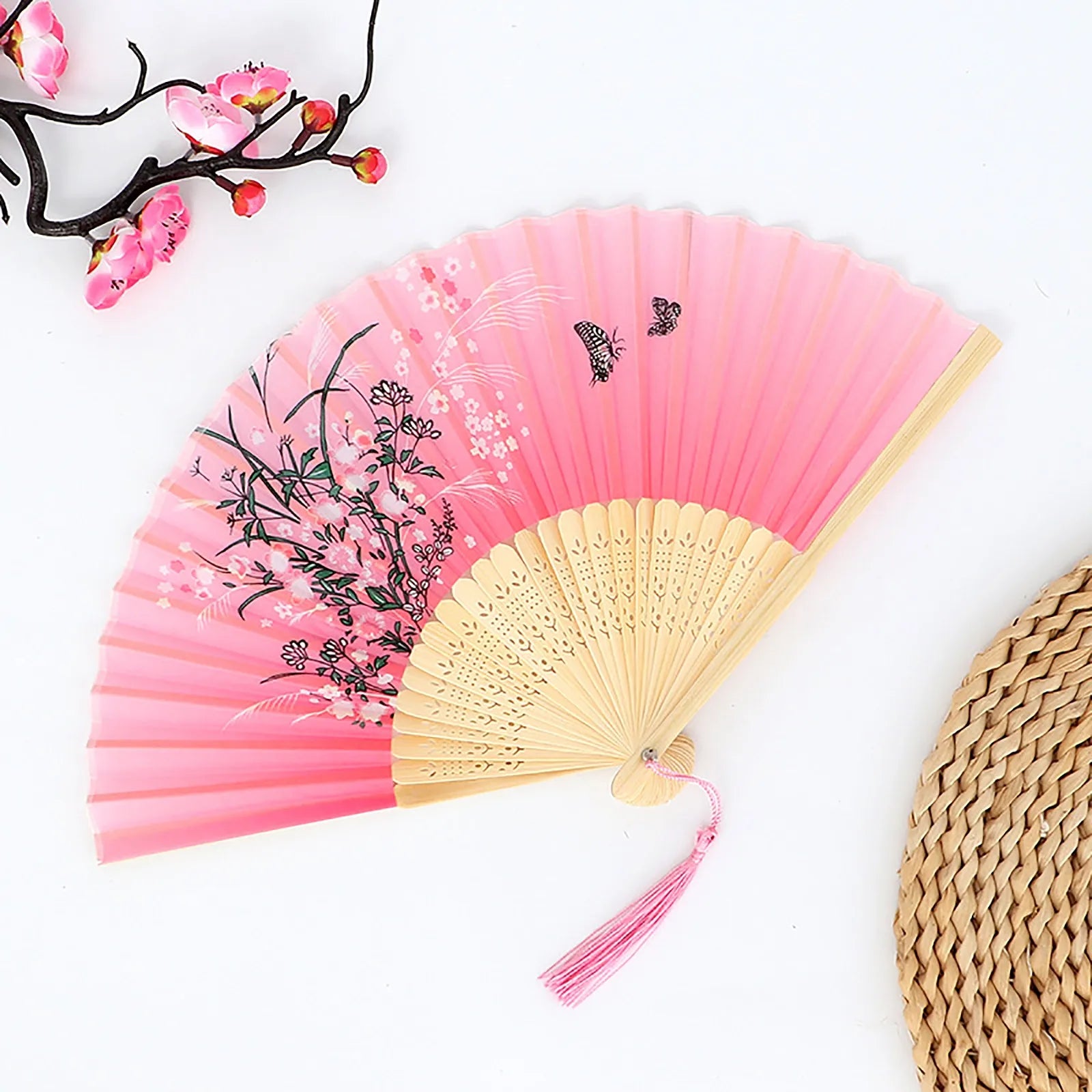 Vintage Silk Folding Fan Chinese Japanese Art Crafts Gift Home Decorations Dance Hand Fan Bamboo Room Decor Wood Fans Oasis Select L One Size