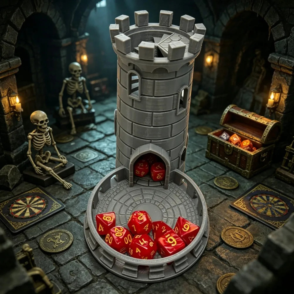 3D Printed Medieval Fort Castle Dice Tower Spiral Staircase Roller Tray for DND RPG MTG Tabletop Role‑Playing Game Accessory Oasis Select