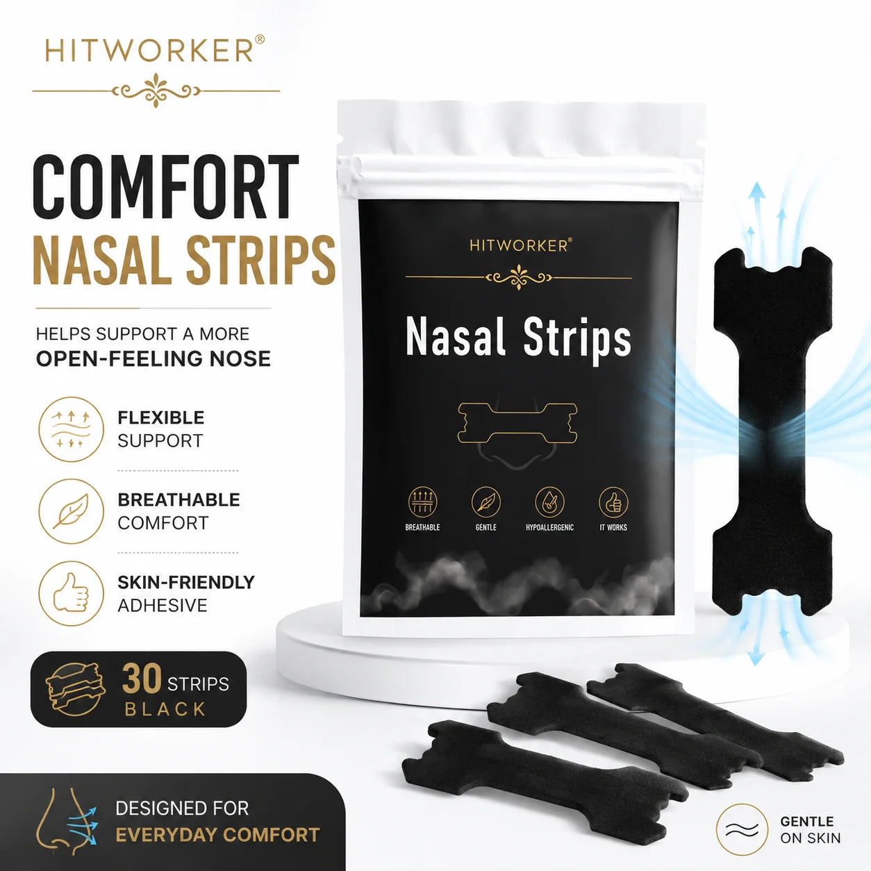 HITWORKER Black Nasal Strips Breathable Nose Strips Flexible Support Nose Tape Skin-Friendly Adhesive Comfort Fit for Day Oasis Select