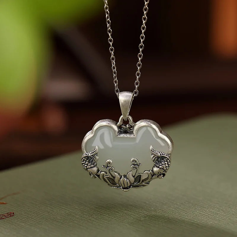Cloud Pendant Necklace Double Fish Lotus Embossed Vintage Chinese Style Neck Jewelry Elegant Daily Outfit Matching Gift Oasis Select