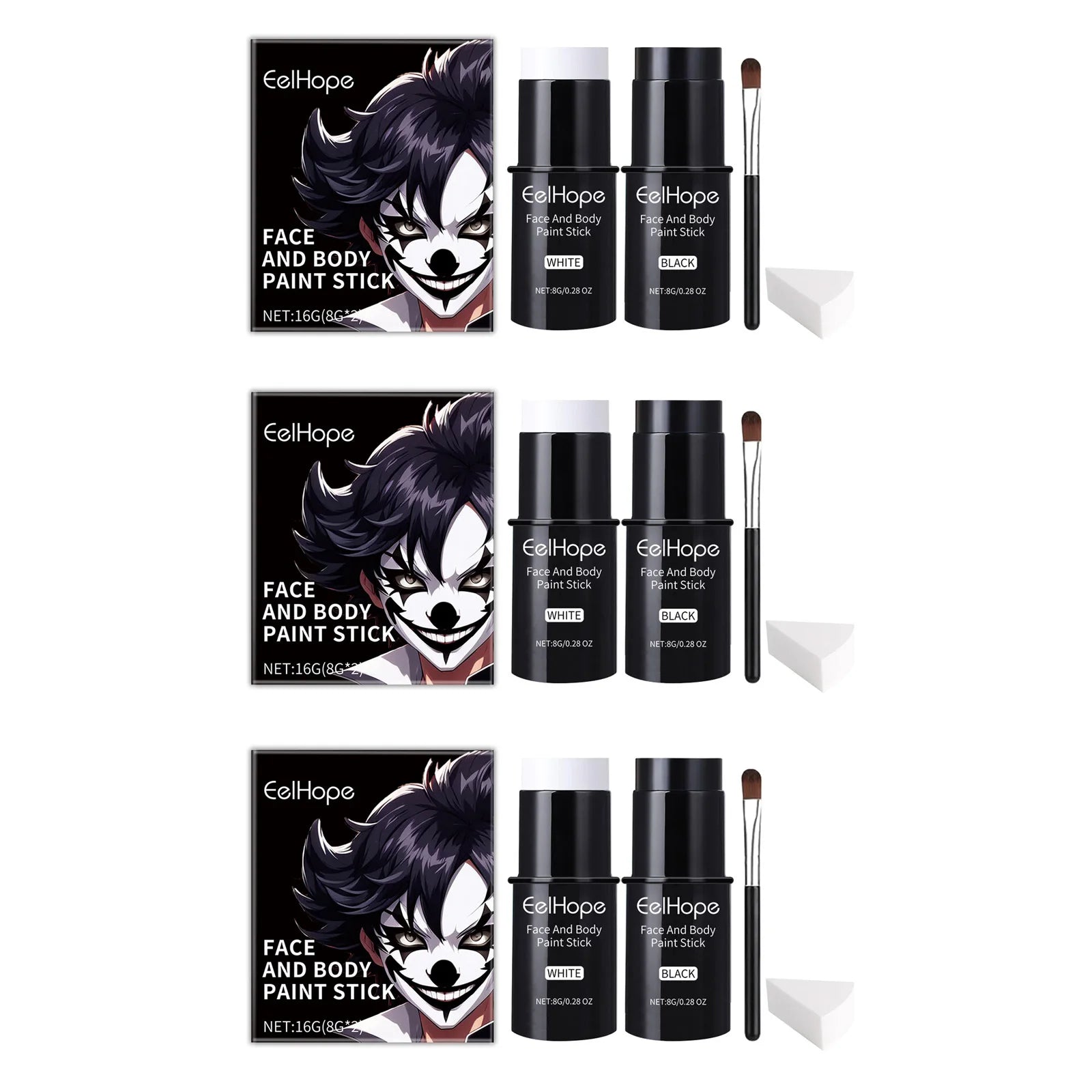 Halloween Black White Face Body Paint Kit Full Coverage Lighweight Foundation Clown Joker Makeup Festive Makeup Accessories Set Oasis Select 3sets boxes