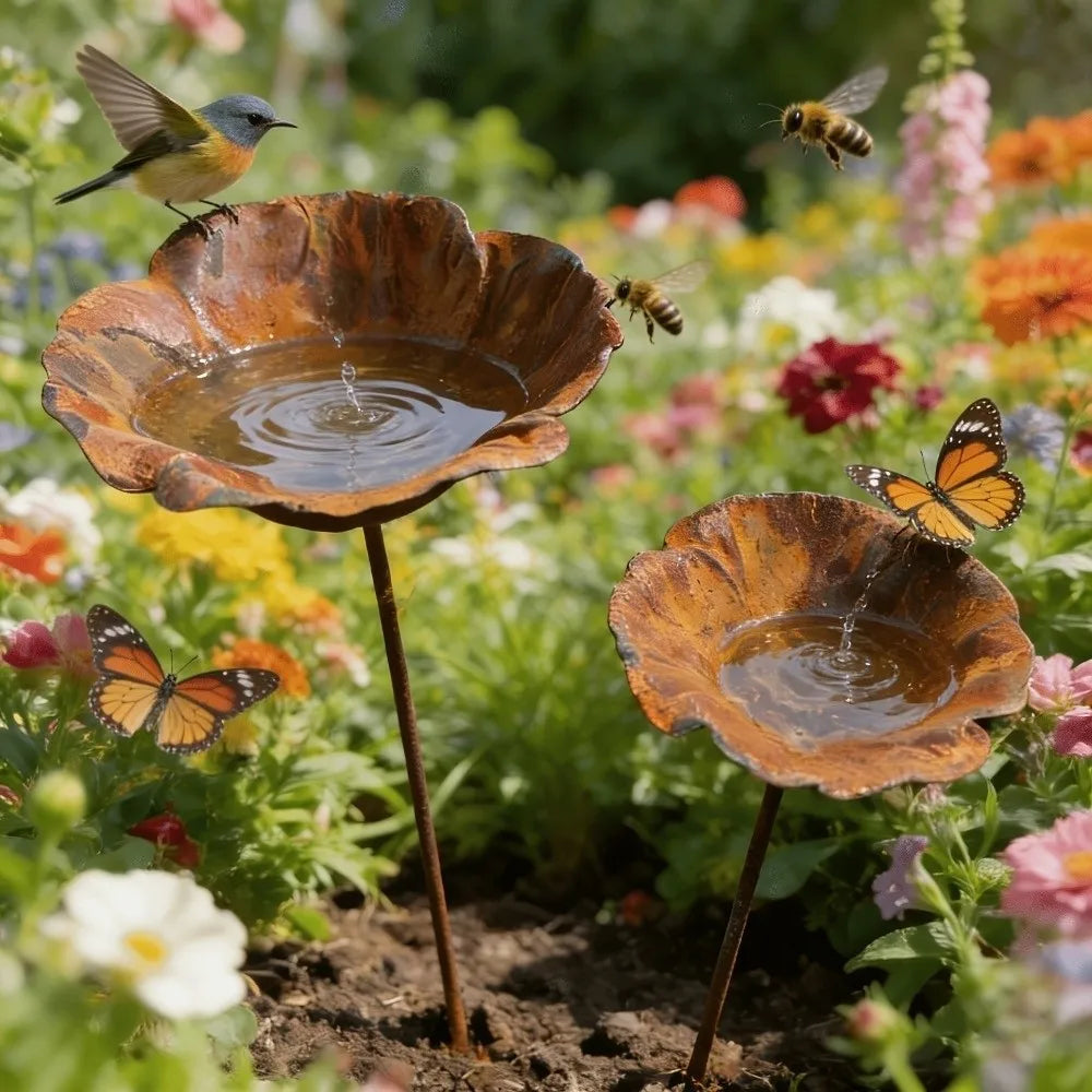 Flower Shape Metal Bird Bath Rusted Vintage Iron Art Bird Water Dispenser Handcrafted Ground Insert Flower Garden Stake Oasis Select