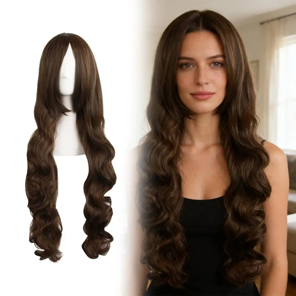 Women Long Wavy Cosplay Wig 80cm Brown Natural Looking Synthetic Lace Wig for Lolita Daily Use Party Salon Styling Oasis Select