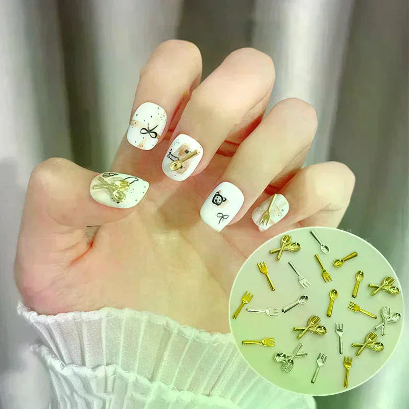 6 Grids/Box Mix Gold Silver Mini Forks Spoons Tableware Alloy Nail Art Rhinestones Decorations Manicure Cure Charms Accessories Oasis Select