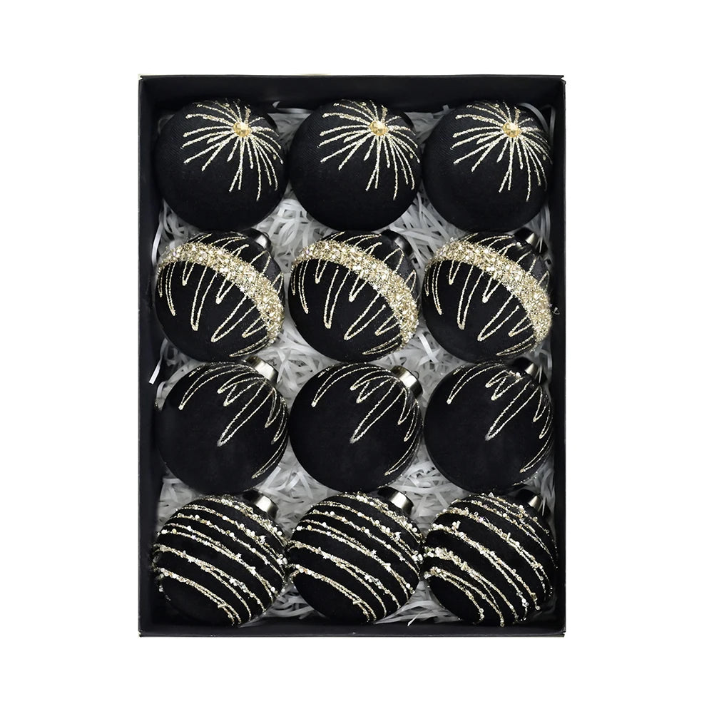 12-pcs 8cm Flocked Velvet Christmas Tree Ornaments Set Fit For Elegant Holiday Decor Christmas Charms Home Decor Xmas Hanging Oasis Select Black China Mainland