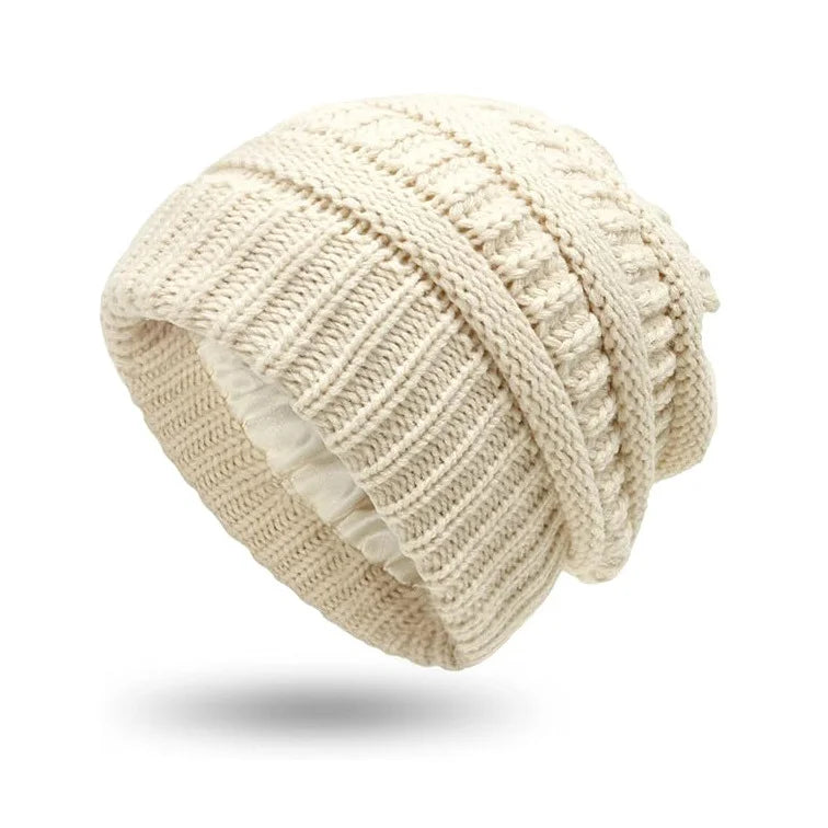 Skeleton hat with micro elastic satin lining, knitted hat with satin lining, windproof and warm hat, double-layer knitted hat wi Oasis Select 2