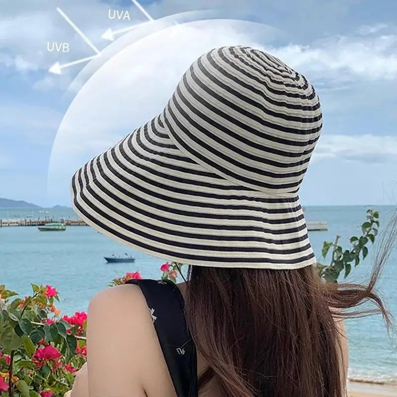 Striped Wide Brim Sun Hat Fisherman Cap Lightweight Summer Sun Hat for Women Color-block Striped Fisherman Hat for Beach Journey Oasis Select