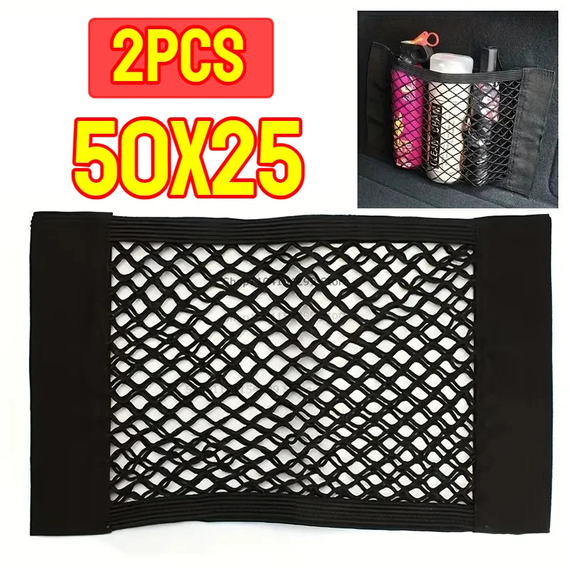 Car Back Rear Trunk Organizer Net Mesh Seat Elastic String Magic Sticker Universal Storage Bag Pocket Auto Put Paper Stowing Oasis Select 50x25-2PCS