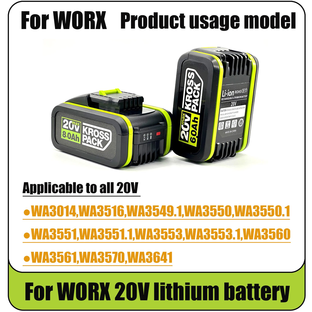 20V 6.0/8.0/Ah rechargeable lithium battery for power tools, suitable for Worx WA3553 35514 Oasis Select