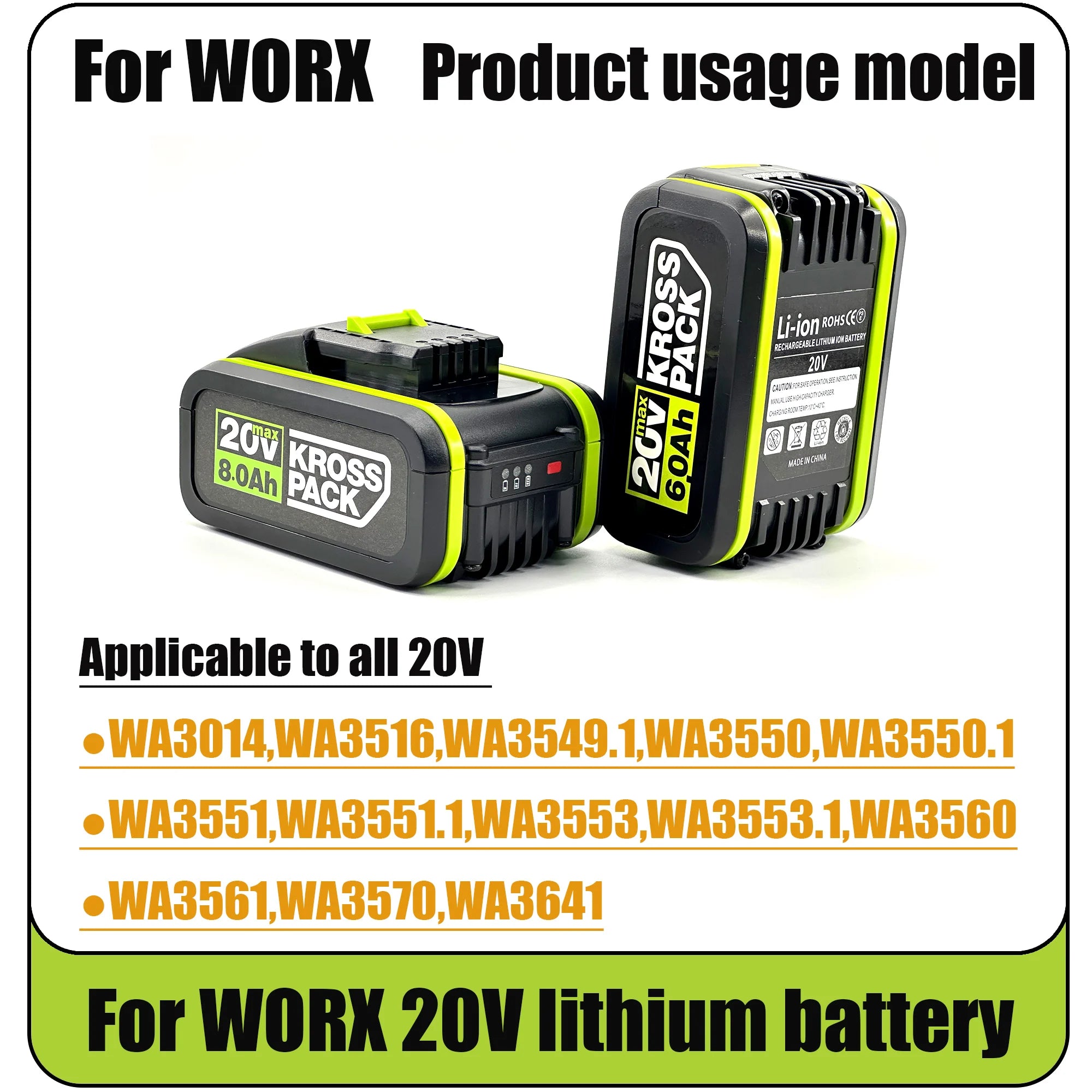 20V 6.0/8.0/Ah rechargeable lithium battery for power tools, suitable for Worx WA3553 35514 Oasis Select