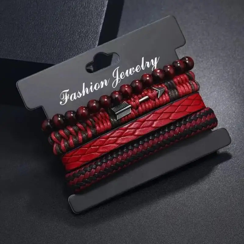 4Pcs/Set Fashion Vintage Men's Leather Bracelet Cupid's Arrow Wooden Beaded Leather Hand Woven Retro Fashion Bracelets For Men Oasis Select