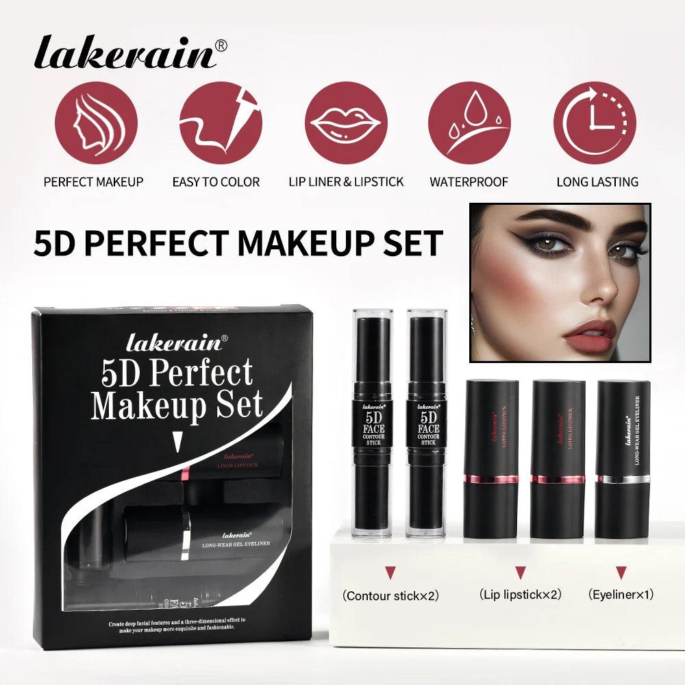 5D Perfect Makeup Set With Contouring Stick Eyeliner And Lipstick Long Lasting Sweat-proof Pigment Women Makeup Facial Combo Oasis Select