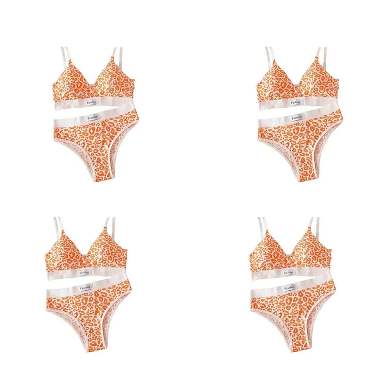 1-4pcs Summer Set New Women's Leopard Print Traceless and Steel Rim Bra Adjustable Shoulder Strap Back Women's Underwear Set Oasis Select Orange 4 set One Size