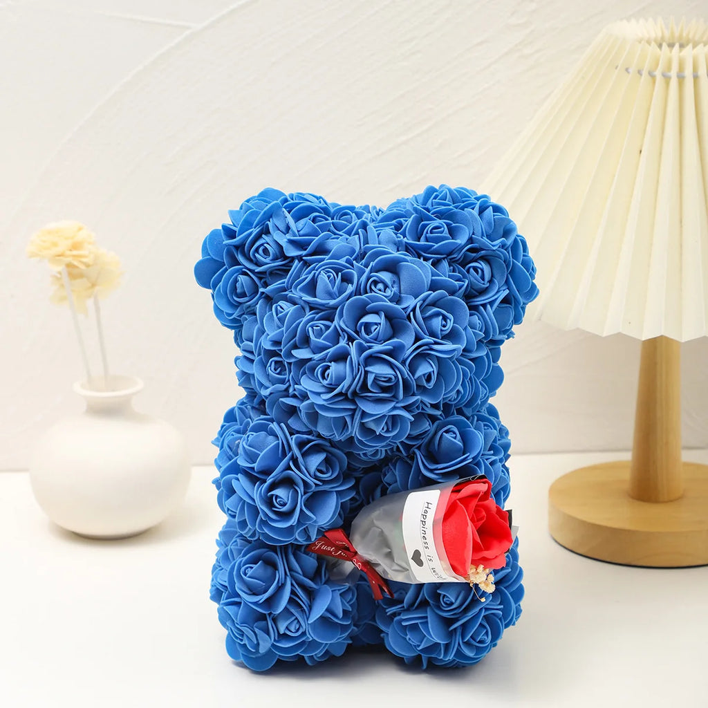 Foam rose teddy bear carry bouquet. Ideal for weddings, Mother's Day, thank you to nurses/teachers or other celebrations! Oasis Select Blue