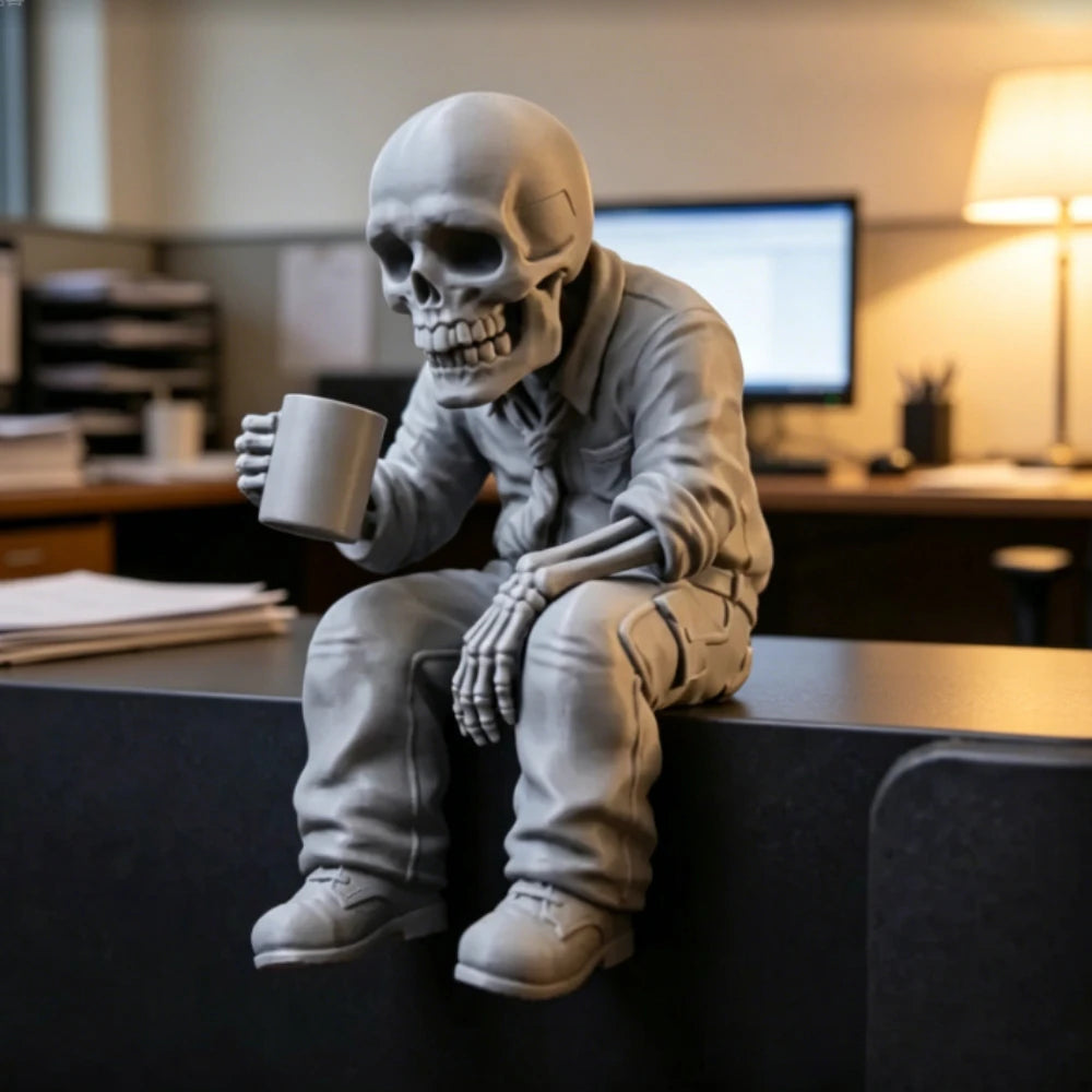 Gothic Eerie Office Worker Skeleton Miniature Figurine Seated Coffee Drinking Skull Desk Ornaments Humor Home Office Decor Gifts Oasis Select