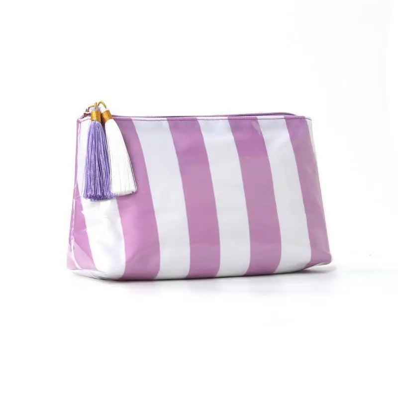 Waterproof Striped PVC Cosmetic Bag with Tassel Zipper