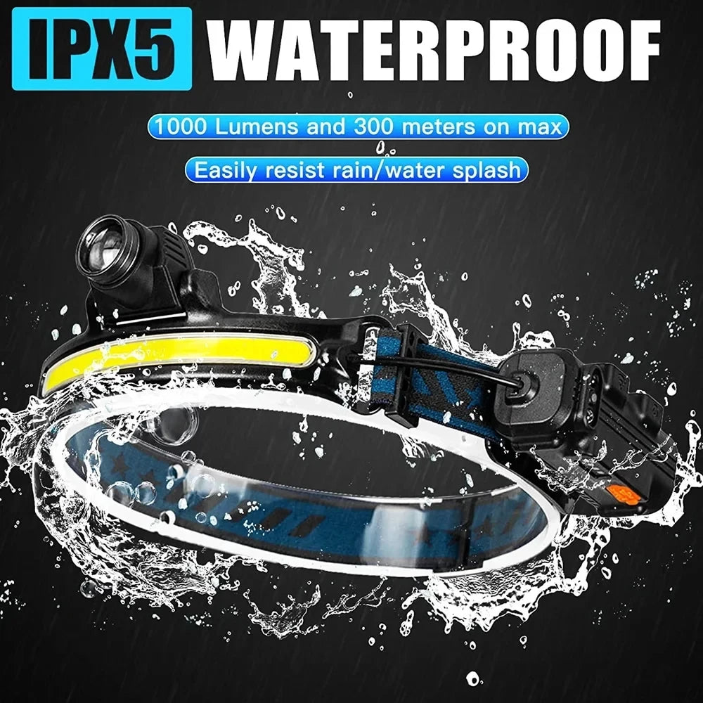 Induction Headlamp XPG+COB LED Zoom Head Lamp Built-in Battery USB Rechargeable 6 Modes Head Flashlight For Camping Fishing Oasis Select
