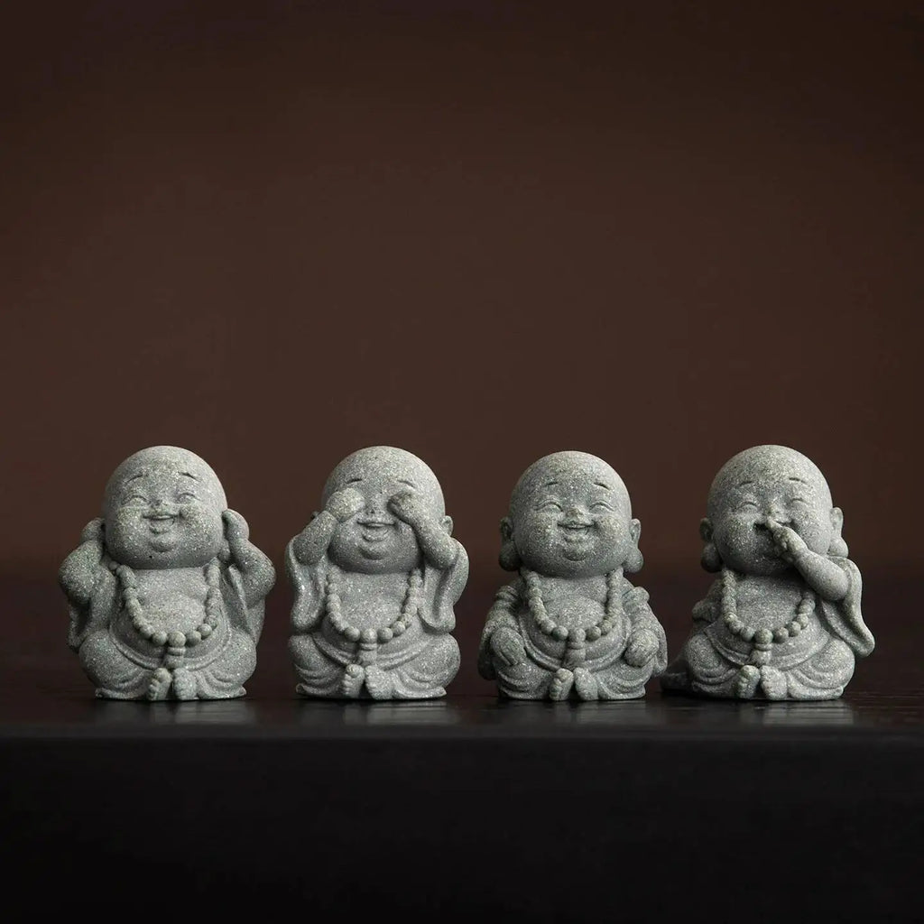 Green Sandstone tea pet Big Belly Maitreya Buddha Laughing Four Little Monks Ornament Desktop Tea play Table Craft Oasis Select Buddhas Maitreya Set