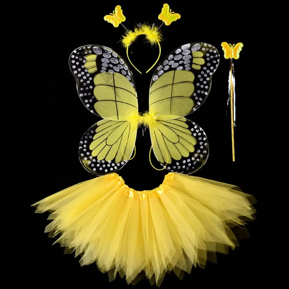 Simulation Butterfly Wings Pointed Tutu Skirt Headband Wand Adult Kids 3/4Pcs Fairy Costume Set Princess Girls Party Gift Oasis Select Yellow-4 pcs-set