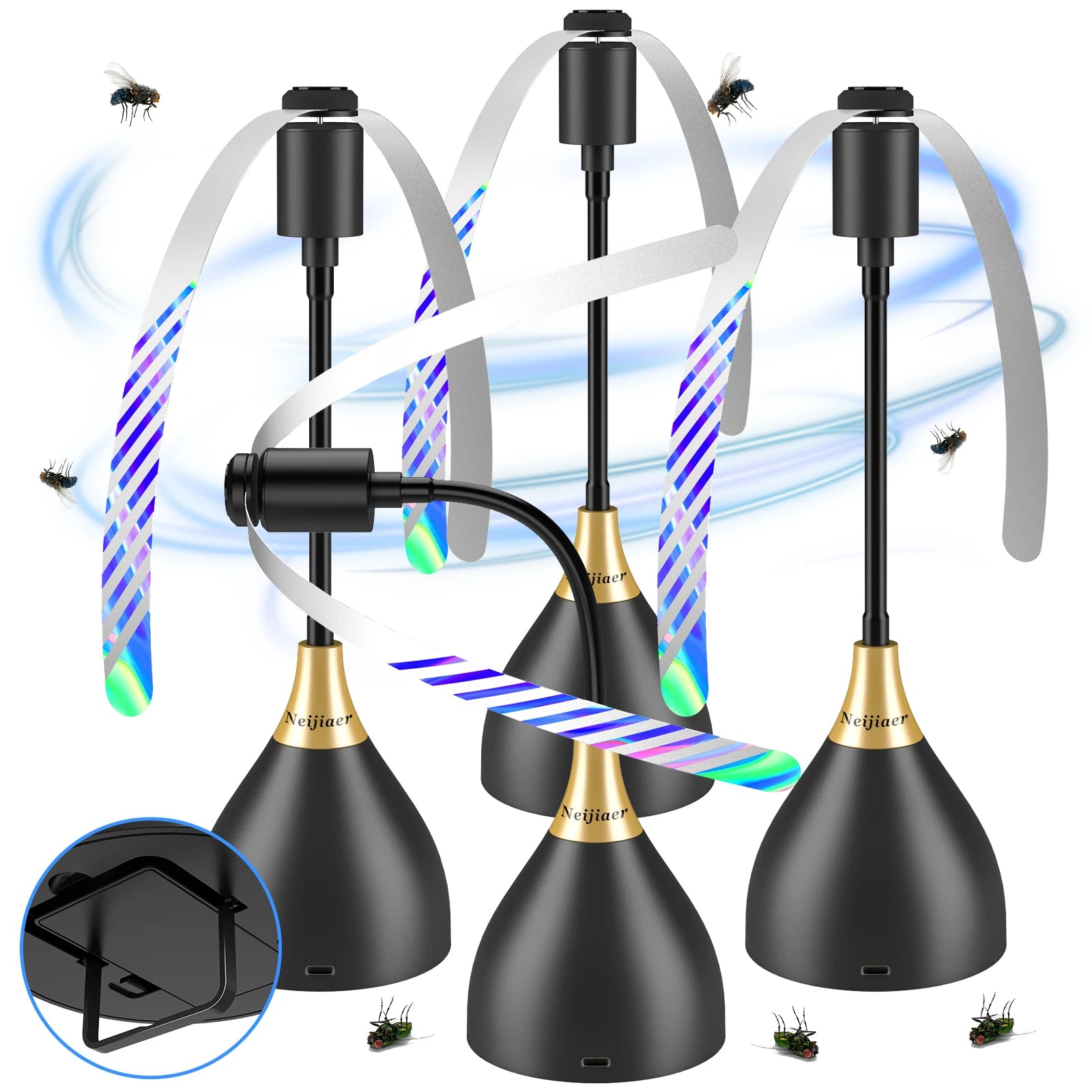Fly Fans for Tables, Fly Repellent Fan with Soft Blades, USB or Batteries Powered, Soundless and Portable, for Picnic BBQ Party Oasis Select 4pcs-Black