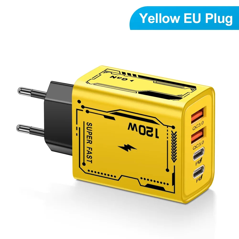 Total 120W Phone Charger Fast Charging Quick Charger PD USB Type C Wall Adapter For iPhone 16 15 Xiaomi 14 Huawei Redmi Oneplus Oasis Select B EU Plug Yellow