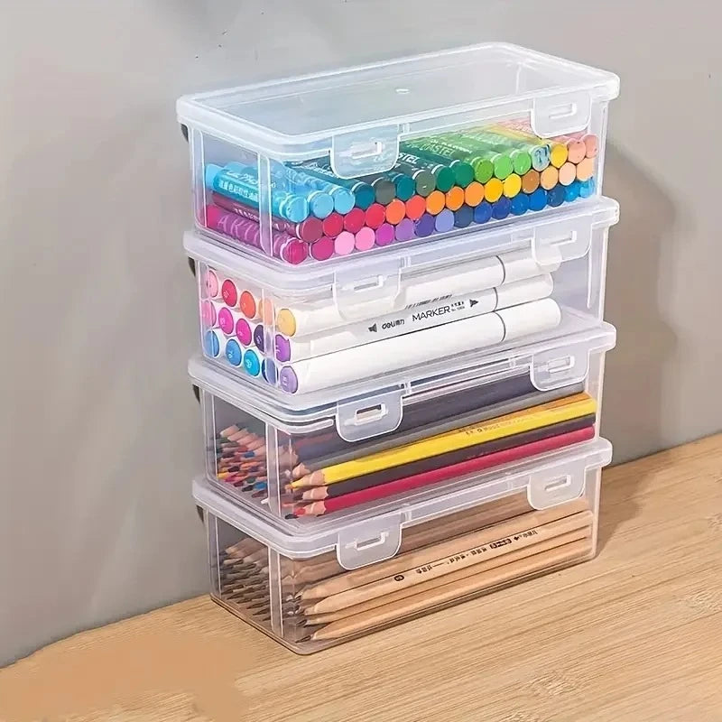 4 Pack Clear Plastic Storage Boxes with Lids, Stackable Transparent Organizer Containers for Office Supplies, Art Crafts,Pencils Oasis Select