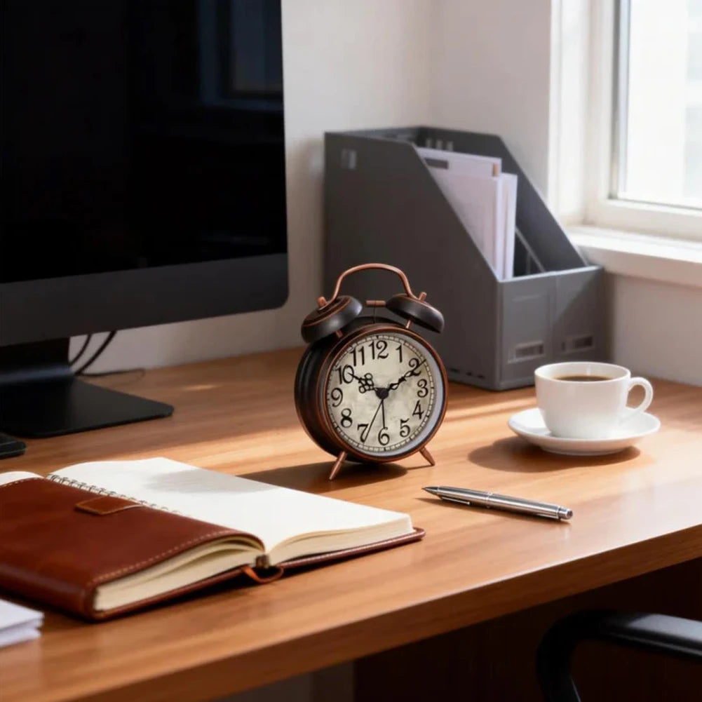 Antique Copper Twin-Bell Alarm Clock | Silent & Night Light