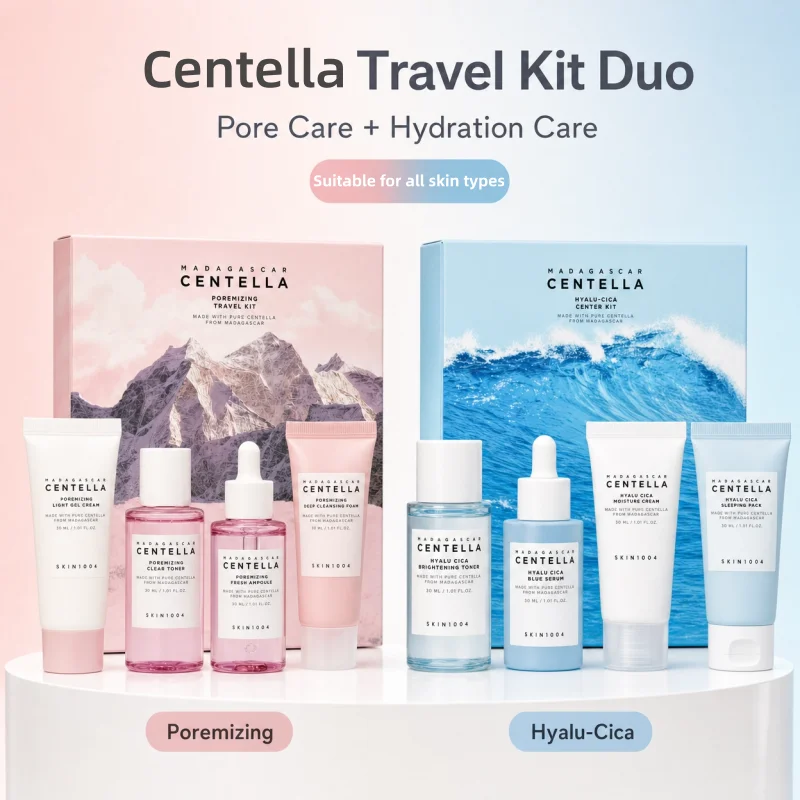 Centella Hyalu-Cica and Poremizing Travel Kit,Toner, Ampoule Serum,Face Moisturizer Cream and Night Sleeping Pack Mini 4pcs Set Oasis Select