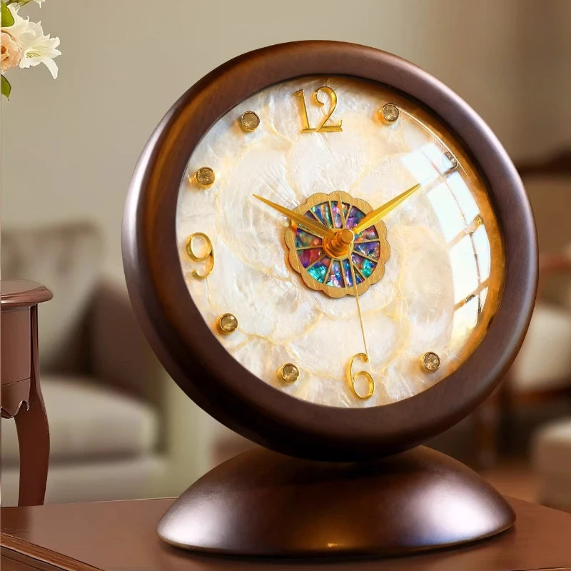 Solid Wood Shell Clock New Living Room Display Desktop Decoration Light Luxury High-end Desk Clock Retro Clock Oasis Select