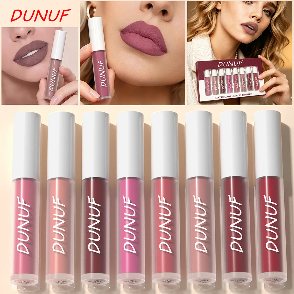 DUNUF 8Pcs Matte Liquid Lipstick Set - Long Lasting Waterproof Non-Stick Nude Red Tint Lip Glaze Kit Oasis Select