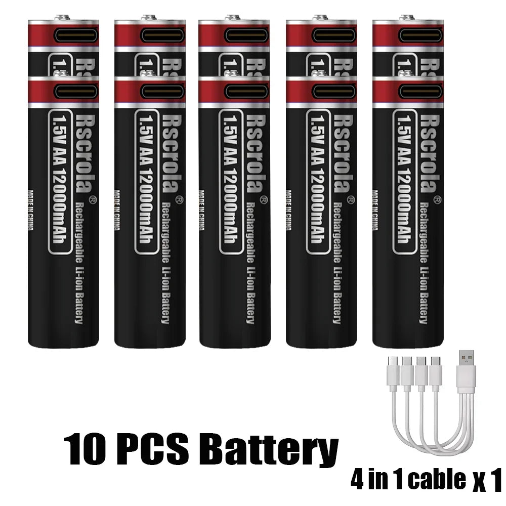 1.5V AA Lithium Battery Rechargeable 12000mAh USB-C Fast Charging, Constant Voltage for Smart Lock, Game Controller, Keyboard Oasis Select 10 pcs AA Batteries 1.5V