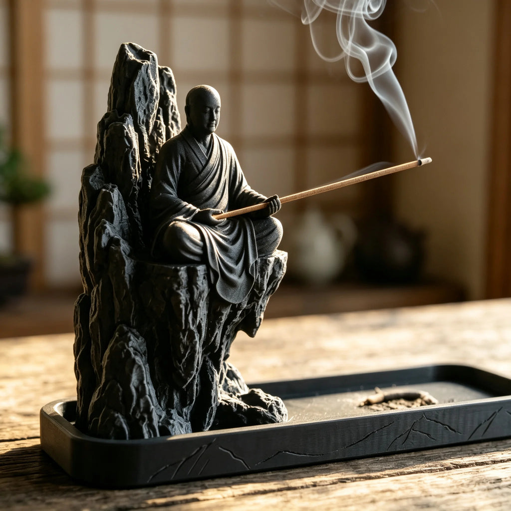 Mountain Monk Stick Incense Holder 3D Printed Incense Burner Tray Cliff Monk Figurines Censer for Tea Room Meditation Yoga Decor Oasis Select
