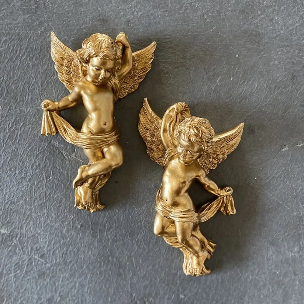 Cherub Angel Statue Pair – Gold Resin Desktop & Wall Ornament Resin Decorative Figurine Oasis Select