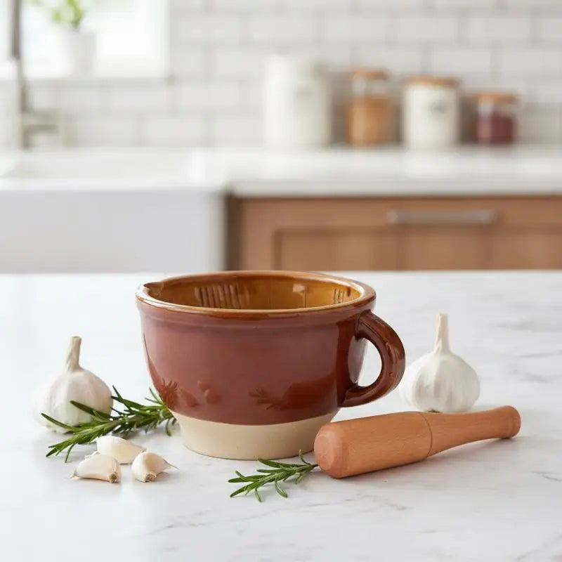 Ceramic Mortar And Pestle Set With Natural Wood Pestle Non Slip Base Perfect For Kitchen Grinding Spices Herbs Garlic Oasis Select
