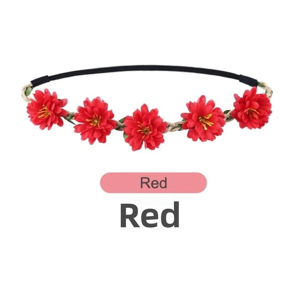 Pink Rose Floral Wreath Crown Hand Woven Adjustable Ribbon Bohemia Garland Headpiece Vintage Elegant Wedding Hair Accessories Oasis Select Red