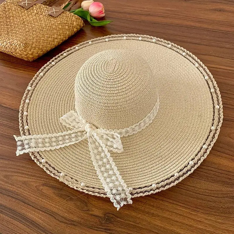 Women Bow Decor Oversize Big Brim Straw Hat Summer Outdoor Sun Block UV Protection Hat Lightweight Breathable Beach Headwear Oasis Select A5