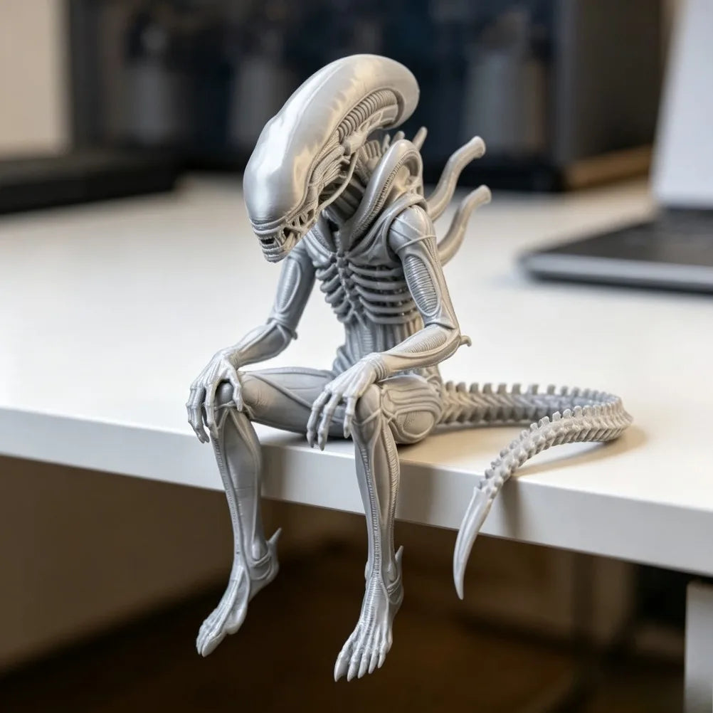 Sci-Fi Horror Alien Monster Sculpture 3D Printed Sitting Figurine Gothic Desktop Ornament Creative Collectible Decoration & Gift Oasis Select silver 9x9.2x7cm