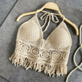 Women's Boho Fringe Backless Halter Tie Neck Underwear Outerwear with Neck Hanging Embroidery Tassel Suspender Vest Short Tank Oasis Select one size fits all One Size