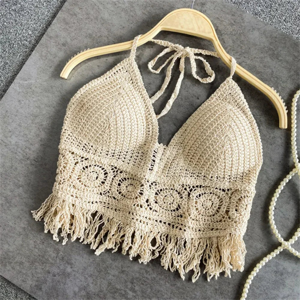 Women's Boho Fringe Backless Halter Tie Neck Underwear Outerwear with Neck Hanging Embroidery Tassel Suspender Vest Short Tank Oasis Select one size fits all One Size