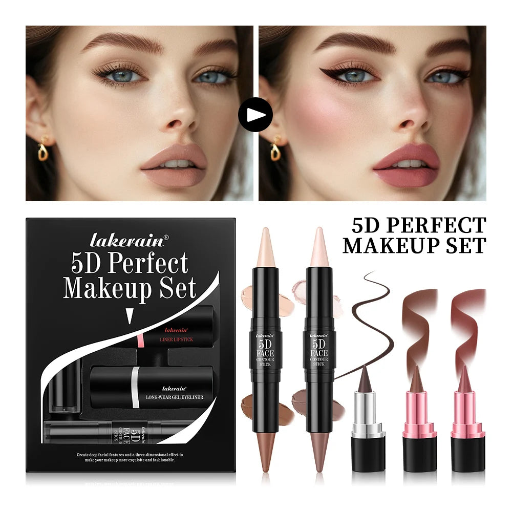 5D Perfect Makeup Set With Contouring Stick Eyeliner And Lipstick Long Lasting Sweat-proof Pigment Women Makeup Facial Combo Oasis Select