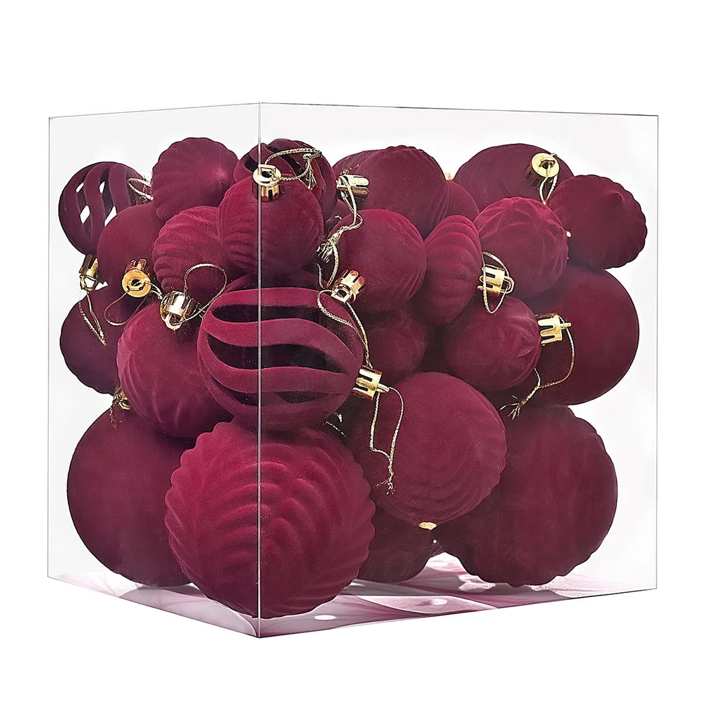 36PCS Flocked Christmas Ball Ornaments Velvet Pendant Christmas Tree Decoration Holiday Decoration for Christmas, New Year Oasis Select Burgundy